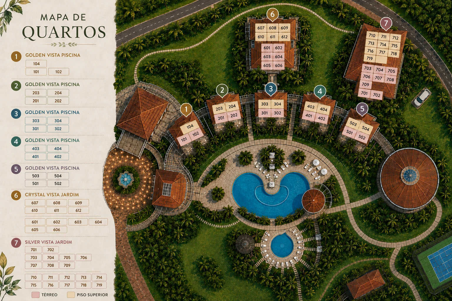Mapa ilustrado dos quartos do Blue Tree DAJ Resort